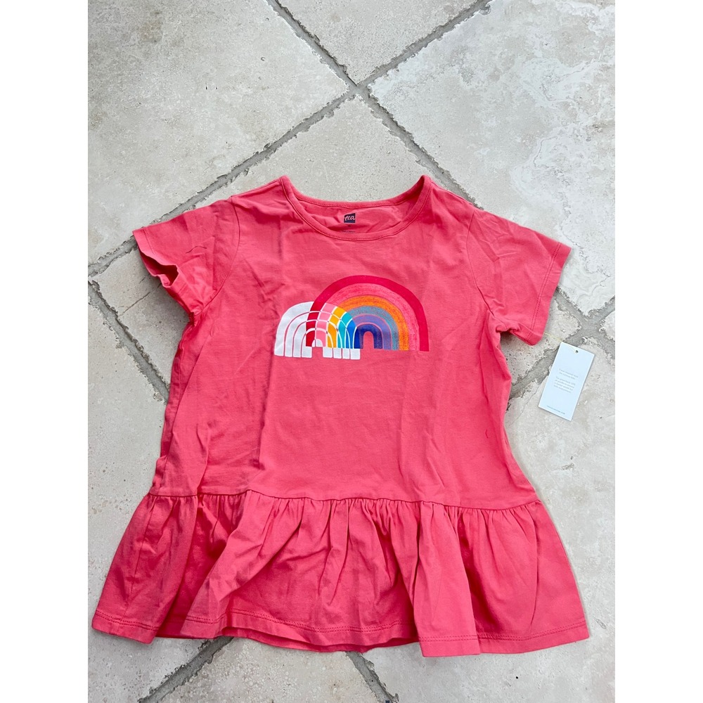 NWT Tea Collection Girls 12 Coral Pink‎ Rainbow Graphic Peplum Ruffle Top